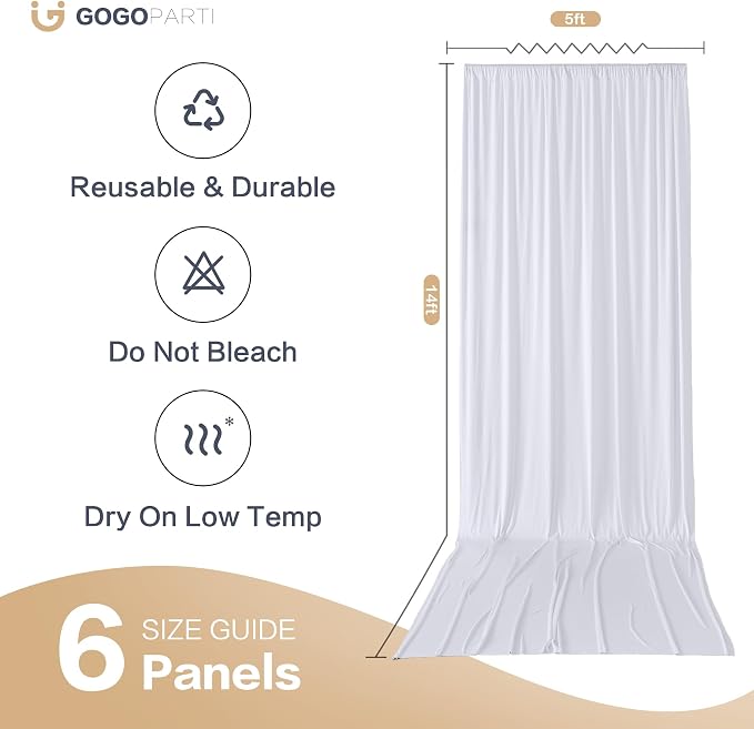 30x14ft White Backdrop Curtains for Wedding Party, 6 Panels 14 ft Long Back Drop Cloth, Wrinkle-Free Polyester Drapes for Birthday, Baby Shower, Stage Photography Background