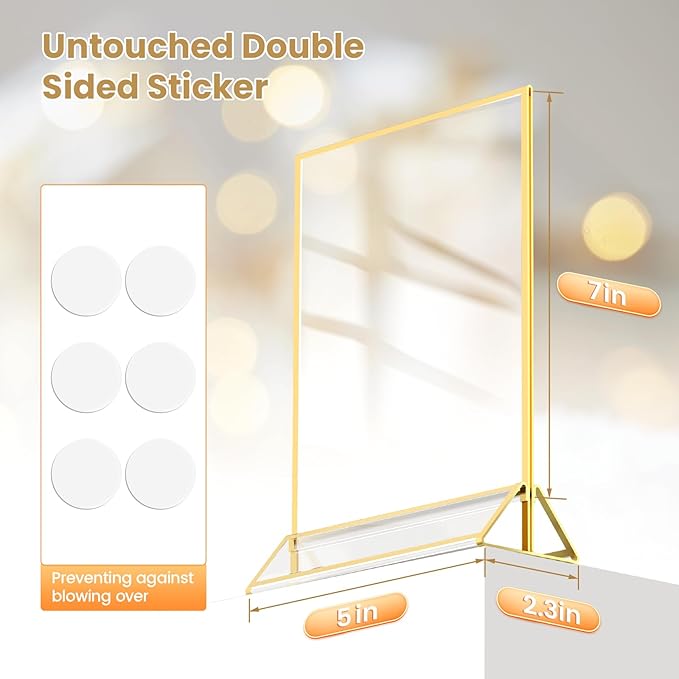 Acrylic Sign Holder 5X7 Gold Frames Double-Sided Gold Picture Frames for Flyer Holder Menu Holder Wedding Table Number Holder Christmas Photo Frame with Removable Sticky Dots -6 Pack