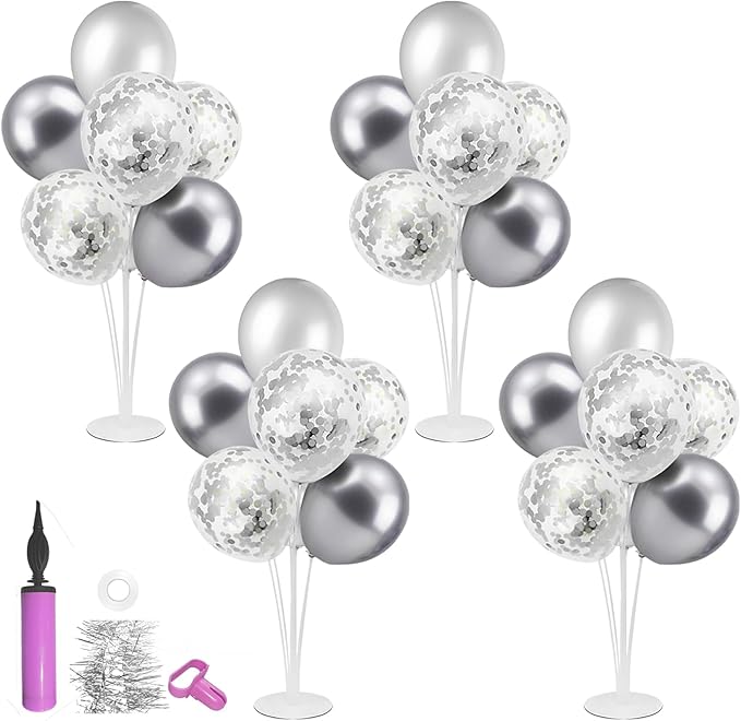 ZJDHPTY 4Set Silver Balloon Stand Table Centerpieces Party Decor | 25th Birthday Decorations 25th Anniversary Wedding Bridal Shower Graduation Graduation Prom New Years Eve Party Supplies