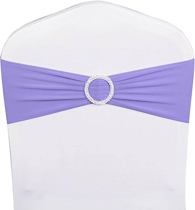 Pack of 50 Spandex Lavender Chair Sashes, Chairs Bands with Buckle Slider, Chair Bows for Wedding Reception Decorations, Without White Seat Covers (Lavender)