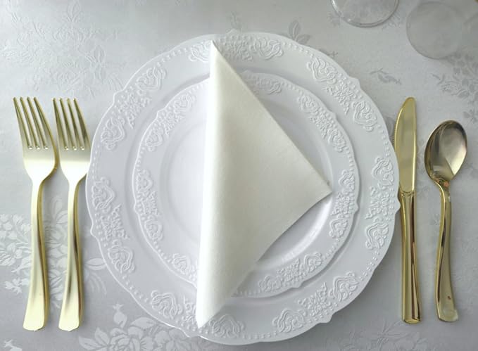 OCCASIONS 50 Pack (25 Guests) Heavy Duty Fancy Disposable Plastic Plates Set, 25x10.25'' Dinner + 25x7.5'' Salad/Dessert, China-Like Look for Wedding Party, Birthday, BPA Free (Portofino Plain White)