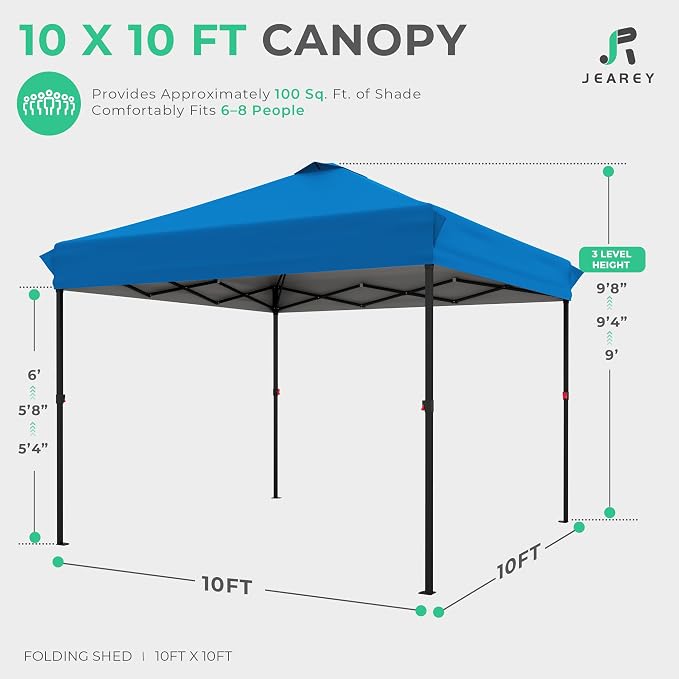 JEAREY 10x10 ft Pop Up Canopy Tent, Heavy Duty Outdoor Canopy with 1-Push Instant Setup, Commercial Tent with Roller Bag, 4 Sandbags and 8 Stakes, Water-Resistant, Royal-Blue