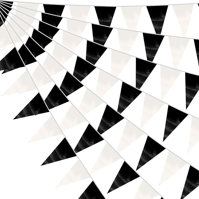 130FT Black White Triangle Pennant Banner Flag Metallic Fabric Bunting Garland for Christmas Graduation Birthday Wedding Bridal Shower Nautical Ahoy Achor Theme Party Decorations Supplies