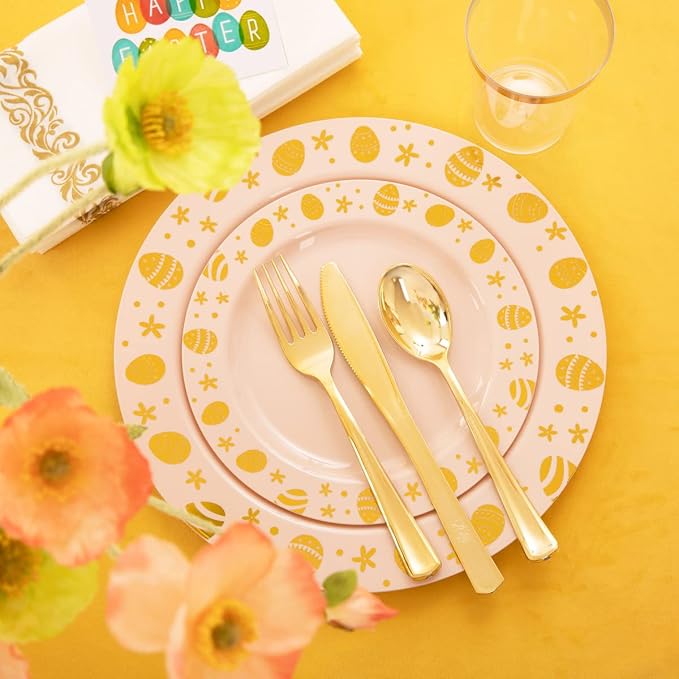 U-QE 25 Guests Plastic Easter Plates and Napkins - Pink and Gold Easter Party Supplies Include 25 Guests Dinner and Dessert Plates, 25Forks, 25Knives, 25Spoons, 25Cups, 25Napkins-Features of Gold Egg