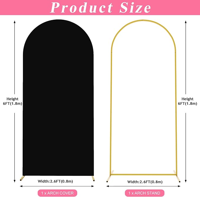 Putros Arch Backdrop Stand and Cover Set, 6ft, Gold Arch Stand with Black Cover, Metal Arched Background Frame for Wedding, Birthday Party, Baby Shower, Photography Decoration