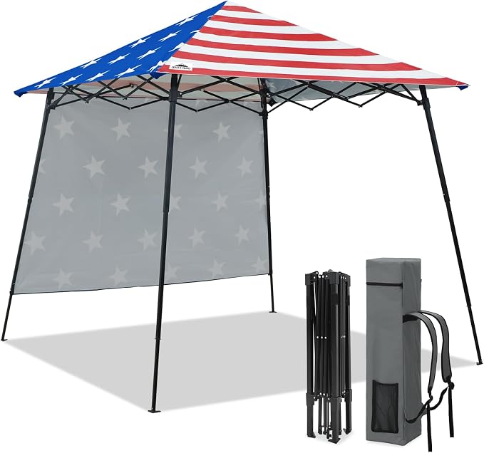 EAGLE PEAK 8x8 Pop Up Canopy Tent with Extended Eaves & Sidewall, Compact, Portable, Easy Setup Slant Leg Instant Shelter for Beach, Sports, & Camping, 8x8 Base 7x7 Top, American Flag