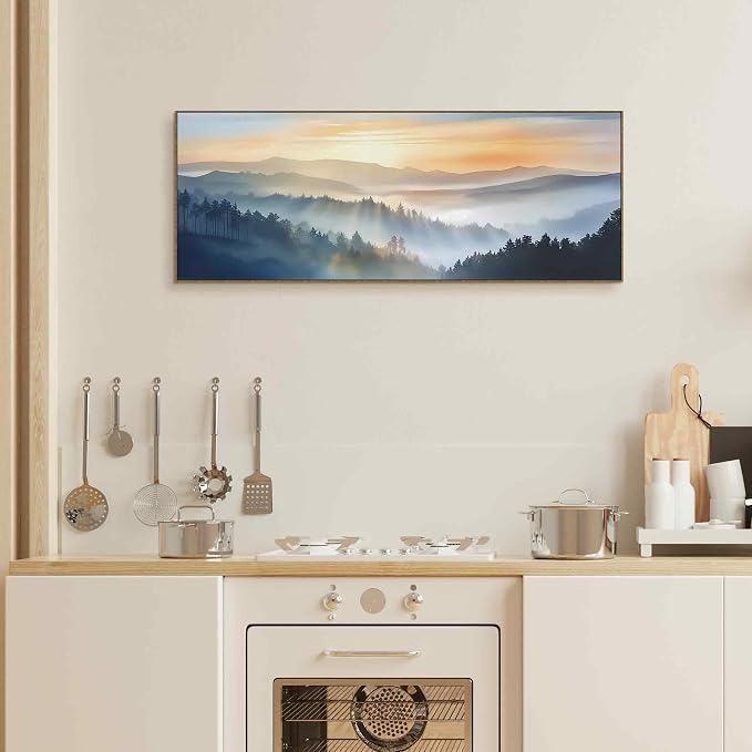 TLESKE Boho Sun Sunrise Sunset Mountain Large Wall Art Decor Framed 15x40, Foggy Forest Woodland Canvas Wall Art Print for Bedroom Above Bed Over Bed Living Room, Landscape Nautre Wall Artwork Picture