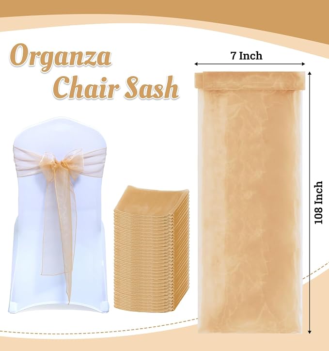 MDS® Pack of 50 Organza Chair Sashes for Wedding Decoration, Reusable Sheer Chair Bows for Banquet Chair Cover, Reception, Bridal Shower, Baby Shower, Birthday Party & Special Events - Champagne Gold