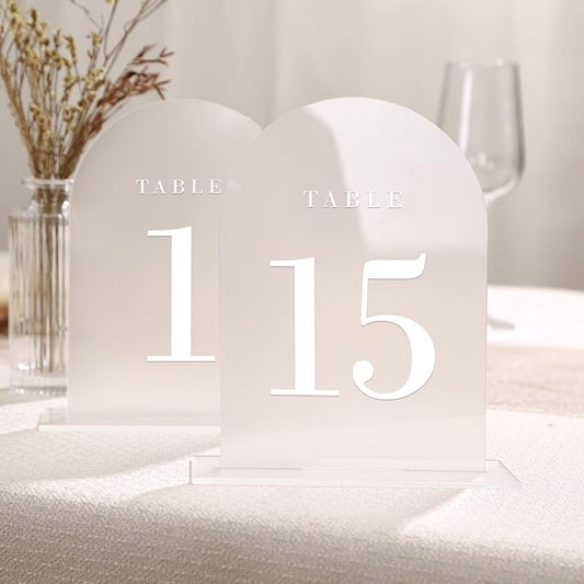 UNIQOOO Frosted Arch Wedding Table Numbers with Stands 1-15, 5x7" Acrylic Display Signs and Holders, Pack of 15, Perfect for Centerpiece, Reception, Decoration, Party, Anniversary, Event