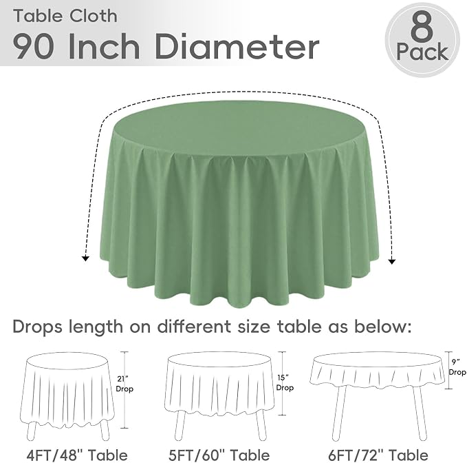 8 Pack Sage Green Round Tablecloth 90 Inch Table Cloth for Round Tables, Washable Polyester Tablecloth Stain and Wrinkle Resistant Decorative Table Cloth for Wedding Party Dining Banquet