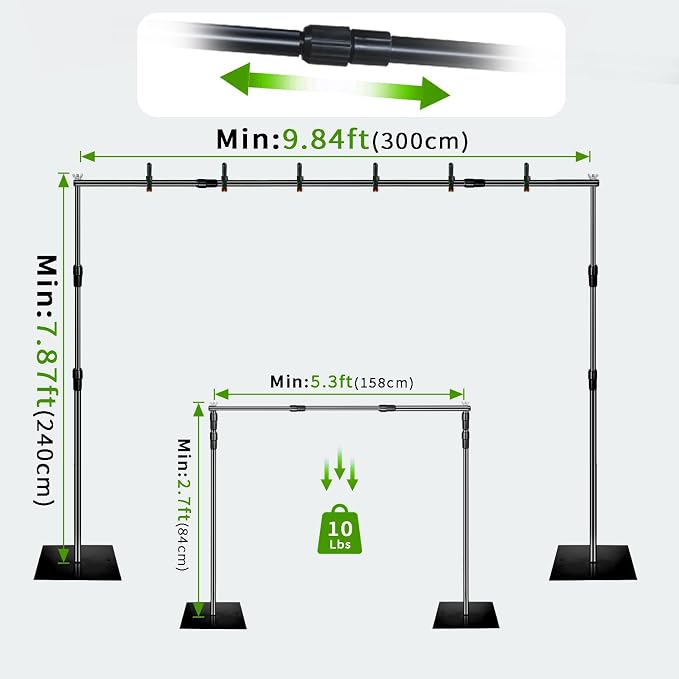 8x10 ft Adjustable Green Screen Backdrop Kit with Stand, Photo Background Support System for Video Streaming, Photography, Studio, Parties, Events