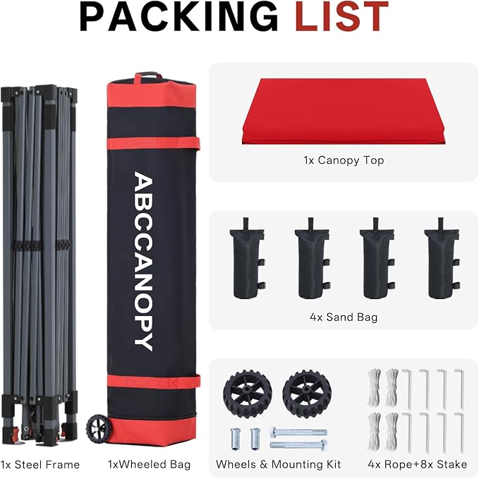 ABCCANOPY 10x10 Pop Up Canopy Tent, Easy Setup Instant Shelter with Wheeled Bag, Heavy Duty Outdoor Canopy for Beach, Market, Backyard, UV Protection, Outdoor Weather Protection (Red, 10x10)