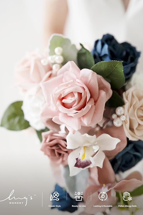 Ling's moment Fake Flowers Box, Faux Artificial Greenery Stems Foam Roses Silk Orchid Ranunculus Fabic Flower for Centerpieces Bouquet Wedding Vase Decorations, Dusty Rose & Navy, Grand Combo