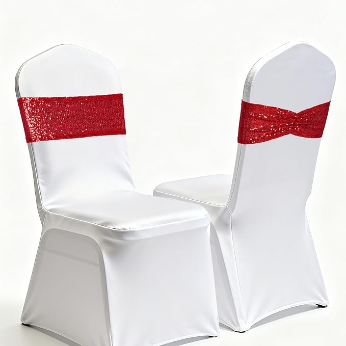 Eternal Beauty Set of 100 Sequin Bow Sashes Red Chair Sashes for Wedding Hotel Party Banquet Chair Cover Decorations