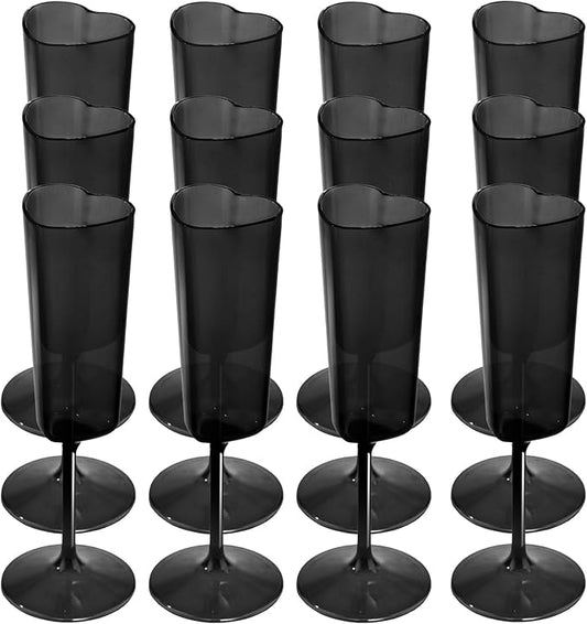 JLYLOL 12 PCS Heart Shaped Champagne Flutes, 5.5OZ Plastic Champagne Glasses, Unique Wedding Toasting Glasses, Elegant Stemmed Drinking Cups Plastic Goblets for Celebrations Anniversary Bride (Black)