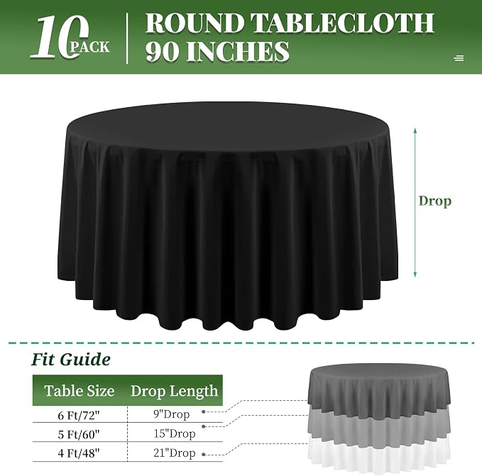 10 Pack Round Tablecloth Black Round Tablecloth 90 Inch Table Cloth Washable Polyester Fabric Bulk Linen Tablecloths Tables Cover for Parties Wedding Banquet Buffet Dinning