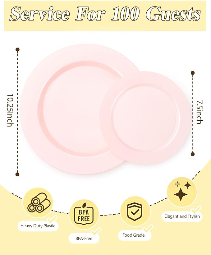 BESTSTAR 200PCS Pink Plastic Plates Set, 100 10.25 inch Dinner Plates and 100 7.5 inch Dessert Plates, Premium Disposable Plates for Party, Wedding