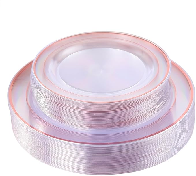 I00000 50 Pcs Rose Gold Plastic Plates, Disposable Party Set Include: 50 Clear Plastic Plates with Rose Gold Trim for dinner and dessert Perfect for Holidays, Wedding & Party Supplies