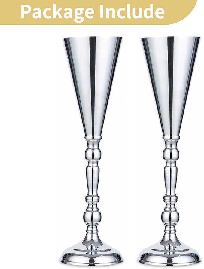 2 Pcs Tabletop Silver Metal Wedding Flower Trumpet Vase, 16.5 inch Table Decorative Centerpiece Artificial Flower Arrangements for Anniversary Ceremony Party Birthday Event Aisle Home Decoration
