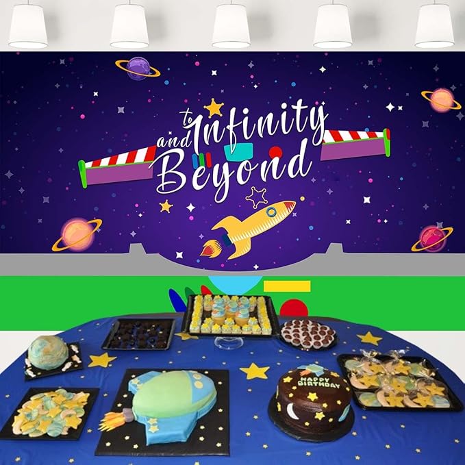 to Infinity and Beyond Backdrop Green and Purple Space Theme Background Kids 2nd Birthday Party Banner Decorations for Cake Table 5x3 ft 39