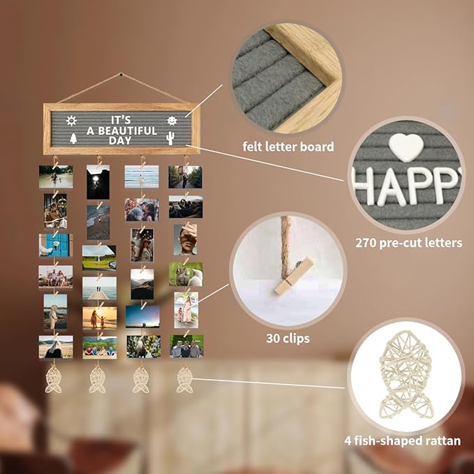 CJIAWYS Collage Picture Frames for Wall, Birthday Gifts for Mom Women Teenage Girls, Polaroid Picture Display Felt Letter Board with 270 Letters and 30 Clips, Unique DIY Mothers Day Gifts