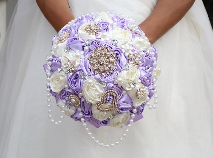 Cascade Bridal Wedding Bouquet with Rhinestone Brooch Pearl String Bouquet for Bride Bridesmaid Quinceanera Satin Rose Flower Bouquet Wedding Lilac Light Purple and Ivory 8.7in