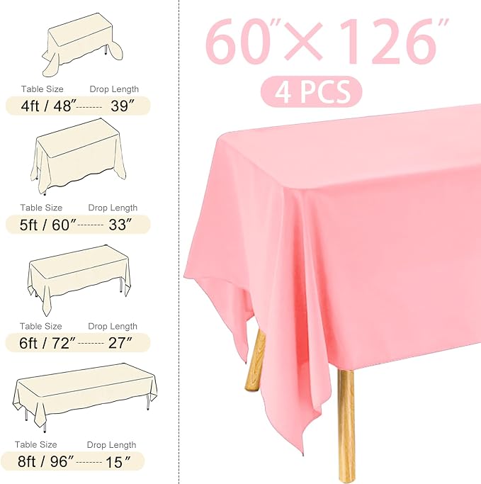4 Pack Rectangle Tablecloth 60x126 Inch Pink Washable Polyester Table Cover for Wedding Dining Table Buffet Parties Banquet Decoration（Pink）