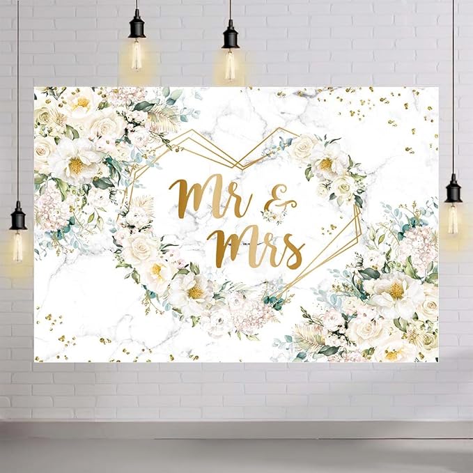 MEHOFOND 193 pcs White Wedding Party Decorations, Mr and Mrs Paper Plates Cup and Nakpins Set, 7x5ft Mr and Mrs Floral Backdrop for Bridal Shower White Flowers Gold Dots Glitter Photography Bac