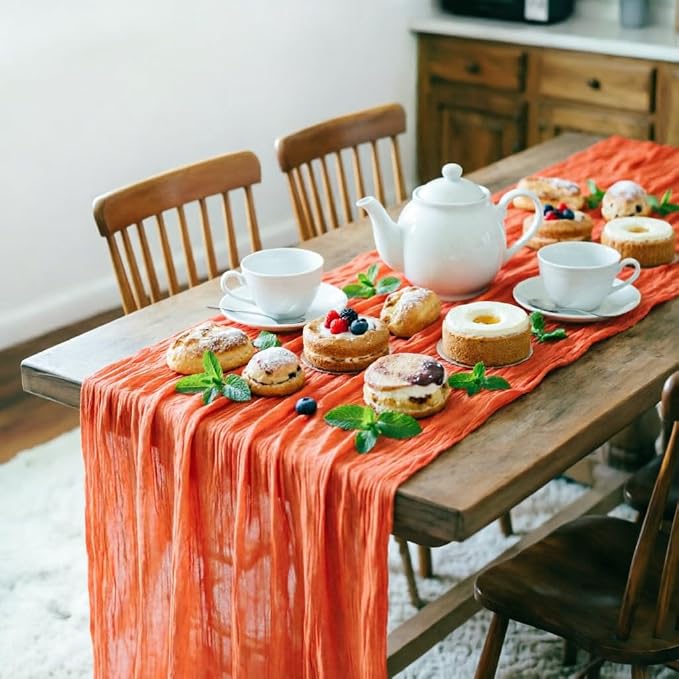 LINXTAR Orange Cheesecloth Table Runner 120 Inches 10Ft Gauze Summer Boho Table Runner for Wedding Tea Party Baby Shower Bridal Birthday Home Decoration