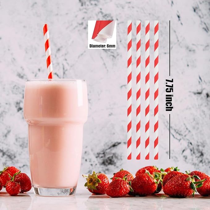 ALINK 100 Red Straws, Biodegradable Red and White Striped Paper Straws for Party, Events, Crafts, Brithday, Baby Bridal Shower, Christmas Decoration Supplies