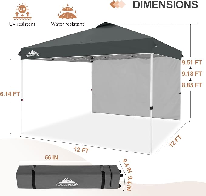 EAGLE PEAK Commercial Canopy 12x12 Pop Up Canopy Tent with 1 Sidewall, Easy Setup Heavy Duty Instant Event Shelter for Vendors & Markets, Outdoor Sun Shade, Gray