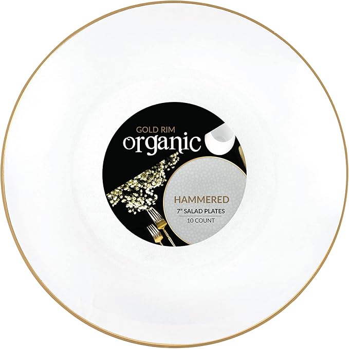 PLASTICPRO 30 Pack Hammered Plastic Plates Heavyweight Disposable Plastic Plates Elegant Transparent White Hammered Gold Rim Platsic Party Dishes (Transparent White With Gold Rim, 7'' INCH PLATES)