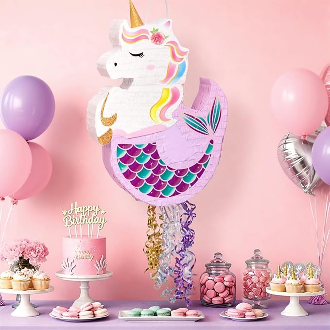 WERNNSAI Unicorn Mermaid Piñata - Unicorn or Mermaid Party Supplies Piñata Bundle with Blindfold, Bat for Girls Kids Rainbow Unicorn Mermaid Theme Birthday Game Decorations (16.5" x 12.4" x 2.9")