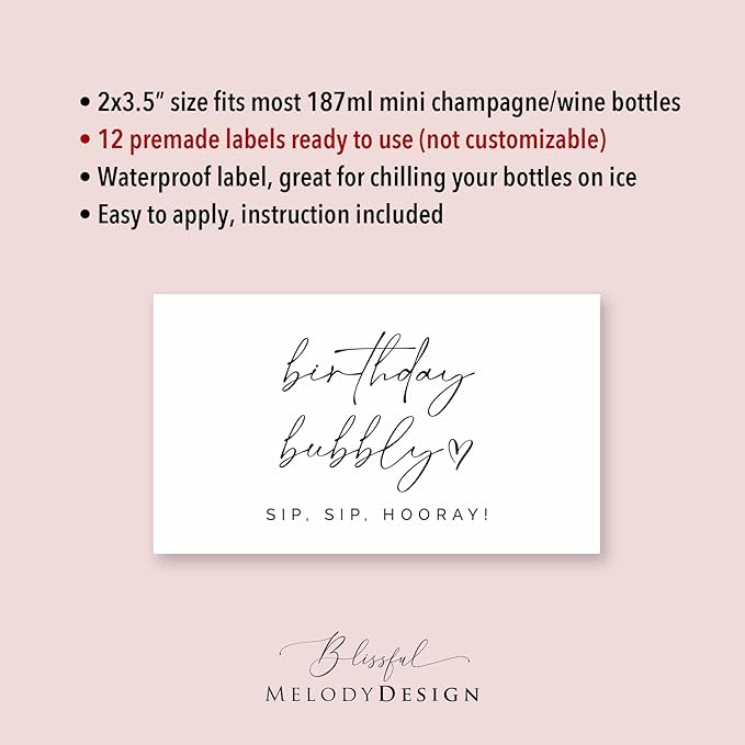 Birthday Bubbly - 12 Mini Champagne Bottle Labels, Waterproof Sticker for Birthday Party Celebration