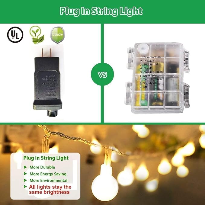 RaThun 180ft Globe String Lights with 16ft Extended Lead & Stable Remote - 300 LED Warm White, 8 Distinct Modes, IP44 Waterproof & UL Listed for Backyard Wedding Patio Garden Large Area Decoration