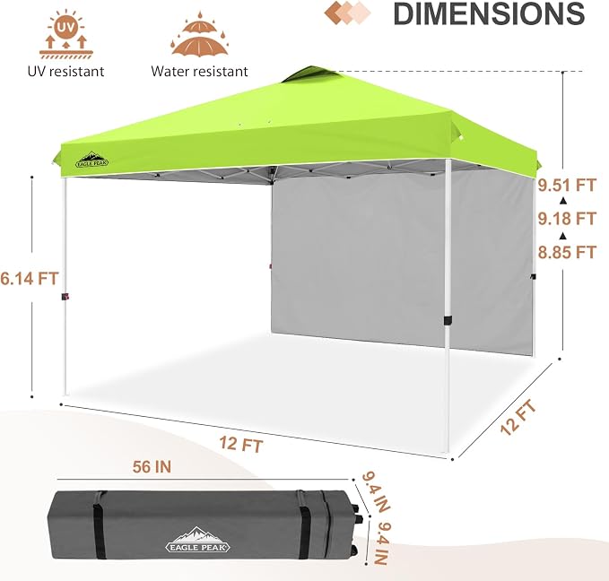 EAGLE PEAK Commercial Canopy 12x12 Pop Up Canopy Tent with 1 Sidewall, Easy Setup Heavy Duty Instant Event Shelter for Vendors & Markets, Outdoor Sun Shade, Neon Green