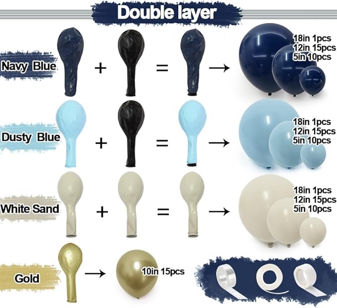 Navy Blue Balloon Garland Double Stuffed Dusty Blue Gold White Sand Balloons Beige Cream Metallic Latex Arch Kit for Neutral Baby Shower Birthday Gender Reveal Father's Day Graduation Party Decoration