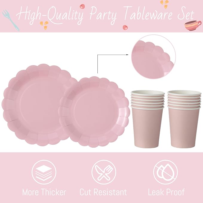 Yaomiao 168 Pcs Dusty Pink Dinnerware Sets Blush Pink Plates Round Disposable Paper Plates Cups Napkin Knife Fork Spoon Serve 24 Guests Wedding Bridal Baby Shower Princess Birthday Party Supplies