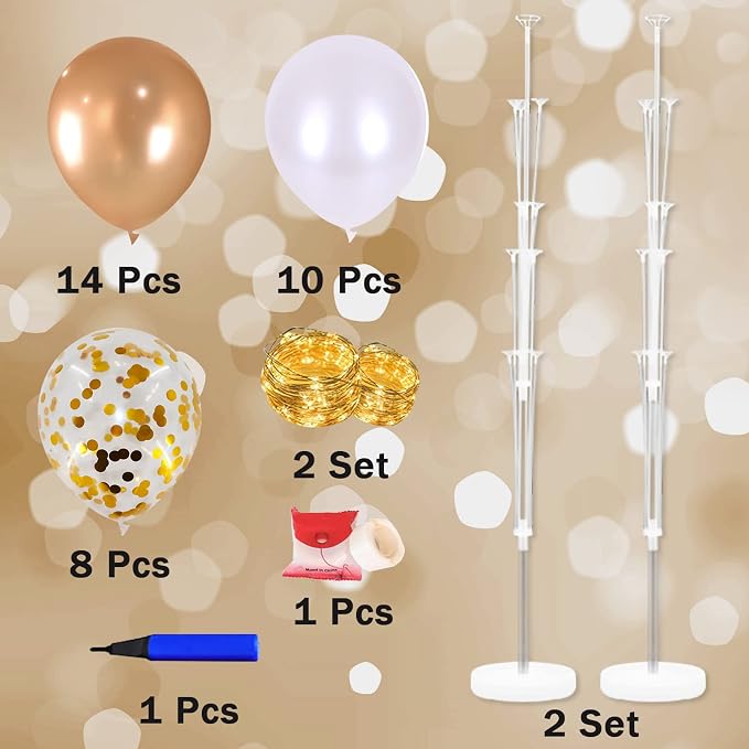 Cicicooie Centerpieces Balloon Holder Decoration with String Light 2 Set Champagne Gold Balloon Stand Kit for Floor for Propose Wedding Birthday Party