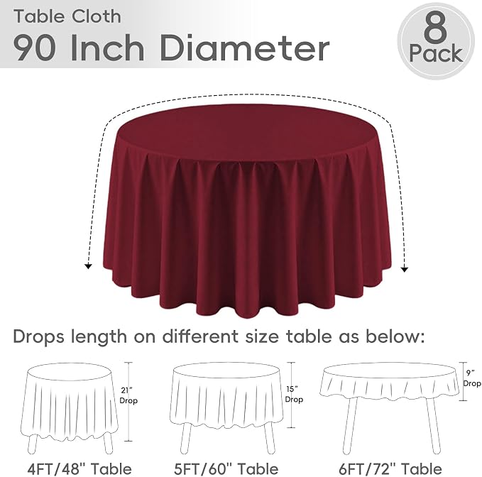 8 Pack Round Tablecloth 90 Inch Burgundy Tablecloth for Round Tables, Washable Polyester Table Cloth Stain and Wrinkle Resistant Decorative Table Cover for Wedding Party Dining Banquet