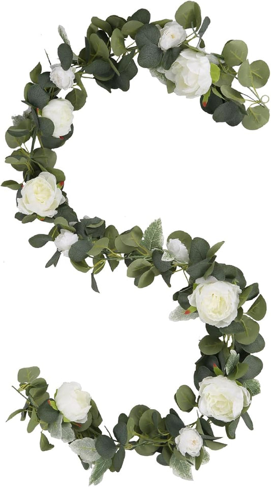 2 Pack White Artificial Peony Garland 6.2ft/Piece Silk Fake Flower Vines Faux Eucalyptus Garland with Peony Flower for Wedding Arch Home Table Mantle Party Backdrop Decoration (White)