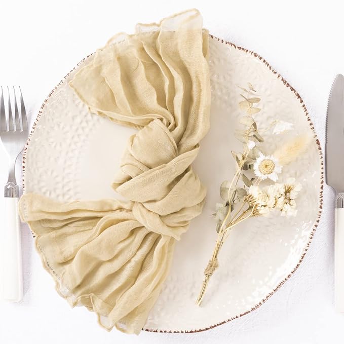 DeZerlor 12 Pack Champagne Cheesecloth Napkins Spring Cloth Napkins Set of 12 Champagne Dinner Napkins Bulk 21x21 Inches for Wedding Bridal Shower Baby Shower Parties