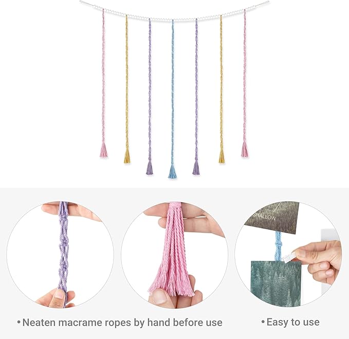Mkono Macrame Hanging Photo Display Wall Decor with String Lights and Macrame Hanging Shelf for Bedside Shelf Organizer with Hooks