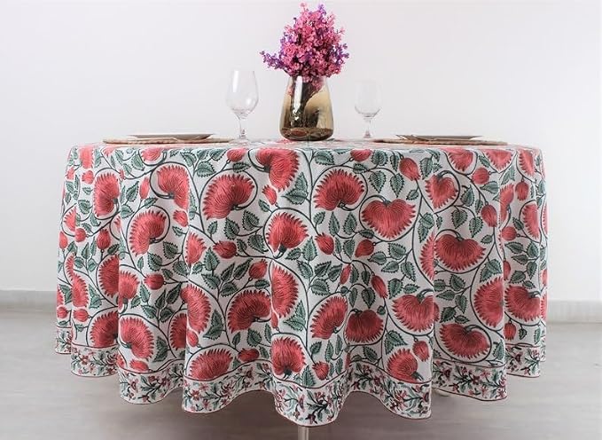 Ridhi Round Tablecloth Hand Block Print 100% Cotton Reusable Turquoise Green 60 Inch Table Cover Decorative Everyday Use for Dining, Home, Party, Wedding, Farmhouse Gift for Spring, Mother's Day