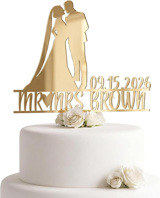 Personalized Mr. & Mrs. Wedding Cake Topper – Custom Bride & Groom Cake Decoration – Elegant Wedding Décor, Anniversary, Engagement Party (Design 4 (IP109), Gold Mirror)