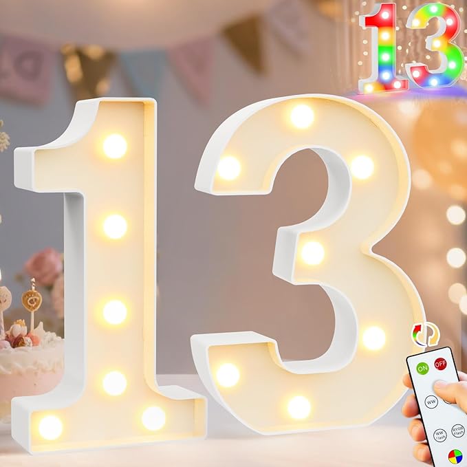 Pooqla 13th Birthday Decoration for Girls Boys, Decorative LED Light Up Numbers, Marquee Numbers 13 Sign for Party Backdrop 13th Wedding Anniversary Decor Gift, Warm White and Colorful Number 13