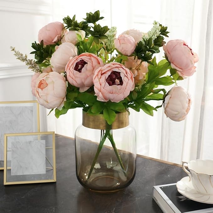2 Packs Artificial Peony Flowers Silk Peonies Fake Flower Bouquet Arrangements for Home Wedding Party Decoration (Light Pink)