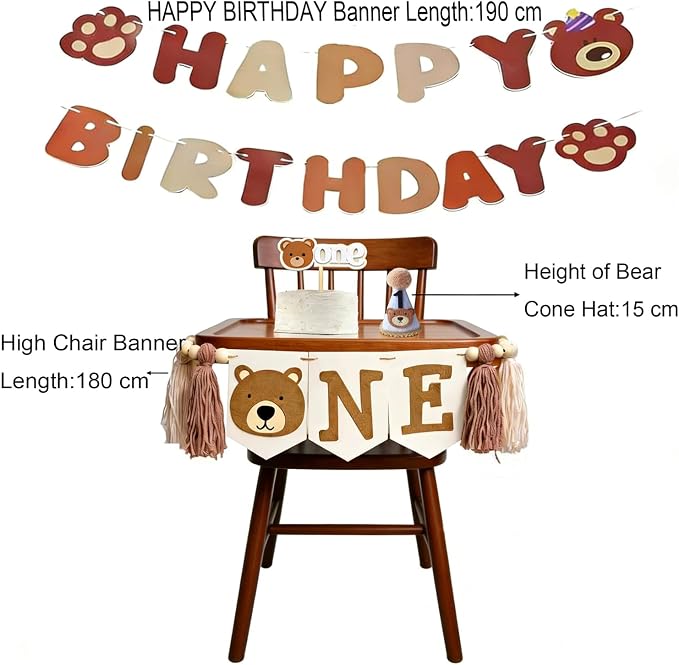 1st Birthday Decorations For Boy Girl - Bear Birthday Party Decorations With Felt Happy Birthday Banner, Birthday High Chair Banner, Cake Topper & Party Hat, First Birthday Decor Kit For Baby Shower