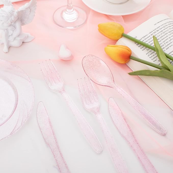 WDF 360 Pink Glitter Plastic Silverware - Disposable Glitter Cutlery - Plastic Silverware inluding 120 Forks, 120 Spoons, 120 Knives for Pink Birthday,Baby Shower