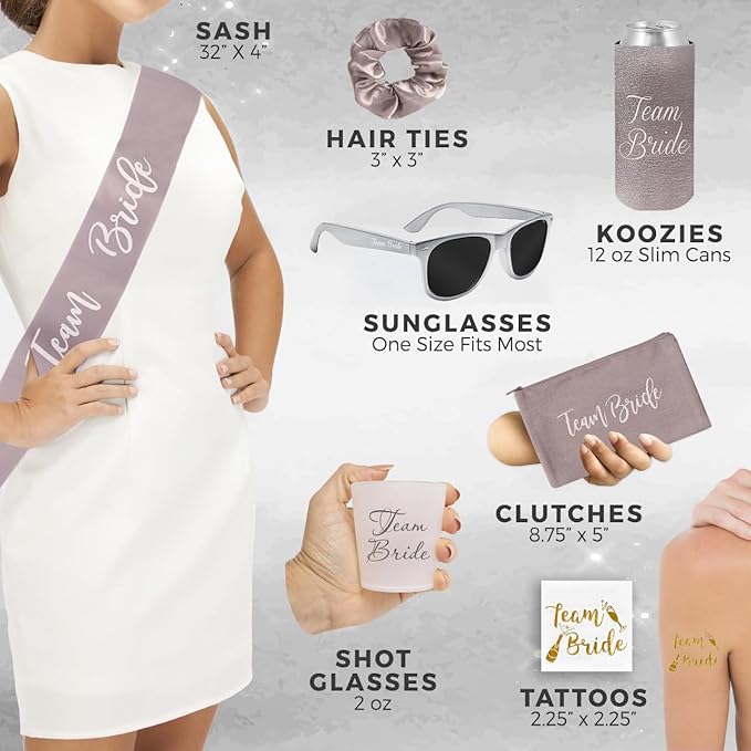 16 Piece Team Bride Bachelorette Party Favors Kit – Bridesmaid Proposal Gifts & Bachelorette Accessories | Decorations, Makeup Bags, Sashes, Sunglasses, Cups & More (Silver 2 Pack, 16)